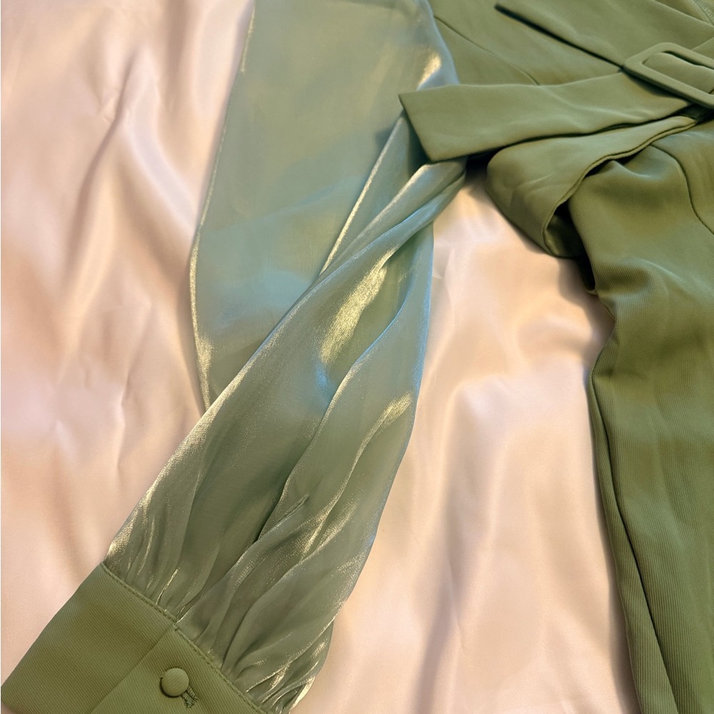 Sage Green Belted Blazer Dress w/ Sheer Sleeves – Size M (NWT) - Picture 6 of 7